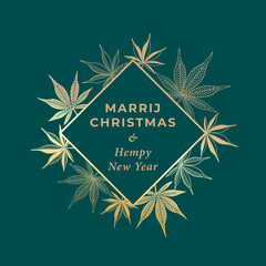 Christmas Popular Greetings Style Comic Parody Rhombus Shape Logo with Marijuana or Cannabis Leaves and Hempy New Year Lettering - Gold on Turquoise Background - Hand Drawn Design