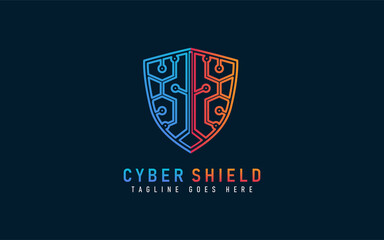 Poster - Cyber Shield Logo Design. Abstract Blue and Orange Shield Combination with Tech Style. Usable For Business, Community, Industrial, Security, Tech, Services Company. Vector Logo Design Illustration.