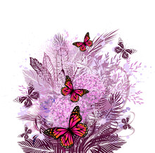 Floral Pink Vintage Abstraction. Composition Of Flowers With Butterflies. Vector Illustration