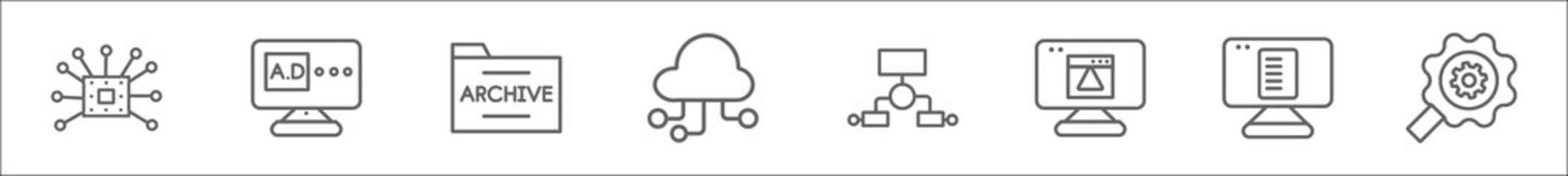 Poster - outline set of seo line icons. linear vector icons such as api, advertising, archive, computing, algorithm, program error, article, seo tools