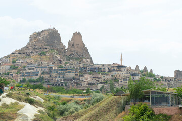 Cappadocia, Turkey. June 2, 2019: Uchisar Castle from the Pigeon Valley. 