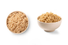 Cooked Brown Rice In White Bowl Isolated On White Background.