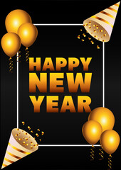 Poster - happy new year lettering card with cornets and balloons helium golden