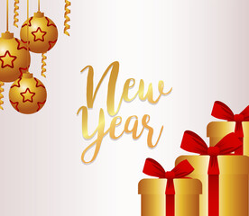 Wall Mural - happy new year lettering card with stars in golden balls and gifts