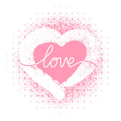 Poster - Heart cute. Heart with word love for t-shirt printing. Fashion icon isolated on white background. Pink modern hand drawn pattern for romance design, wedding celebration, prints. Vector illustration