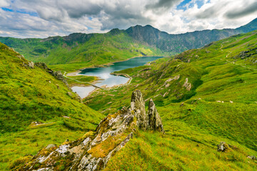 beautiful landscape snowdon national park in north wales overlooking llyn llydaw lake
