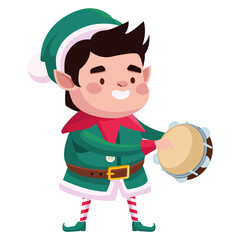 Canvas Print - cute santa helper christmas character playing tambourine