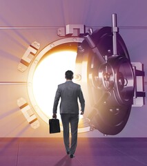 Poster - Businessman in front of banking vault door