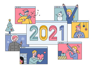 20201 Happy new year greeting. People who greet the New Year with video messages in the virus pandemic situation. flat design style minimal vector illustration.