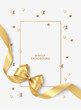 New Year and Christmas design template. Xmas gray background with decorative golden bow with long swirl ribbon and gold star confetti. Holiday frame. Vector stock illustration.