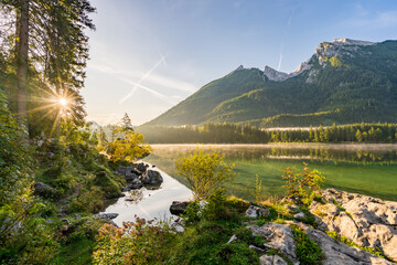 Sticker - Hintersee lake at sunny morning light. Bavarian Alps on the Austrian border, Germany, Europe