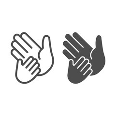 Poster - Child hand on adult palm line and solid icon, Mother day concept, child care sign on white background, Helping Hands adult and child icon in outline style for mobile and web design. Vector graphics.