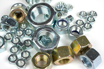 close-up of various metal nuts for fastening products