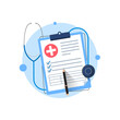 © Ikiry GR - clipboard with stethoscope, medical check form report, health checkup concept metaphor illustration flat design vector eps10. simple and modern style