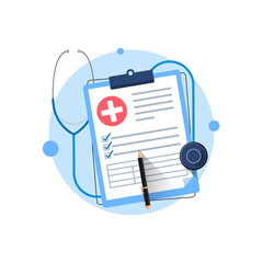 clipboard with stethoscope, medical check form report, health checkup concept metaphor illustration 