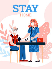 Wall Mural - Support old people poster. Concept stay home for elderly during pandemic. Female volunteer, social worker or nurse in mask measures pressure of elderly man. Healthcare for seniors.