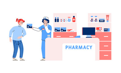 Wall Mural - Pharmacy or drugstore with pharmacist or apothecary and client who wants to buy medicament, flat cartoon vector illustration isolated on white background.