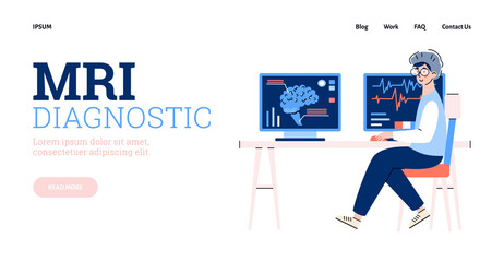 Website page template for MRI medial diagnostic with cartoon character of doctor sitting behind computer monitors, flat vector illustration. MRI computer research.