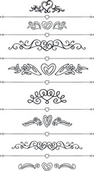 Set of decorative calligraphic elements for decoration of menu pages. Symmetrical ornamental objects for design wedding invitations, posters, billboards. Hand-drawing.