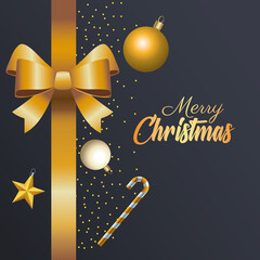 Wall Mural - happy merry christmas golden lettering with bow ribbon and balls