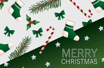 Wall Mural - happy merry christmas lettering card with firs pine and green socks and bow