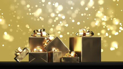 Poster - close up golden gift box set with snow particles falling on black background. selective focus. 3d an
