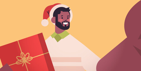 happy african american man in santa hat holding camera and taking selfie new year christmas holidays celebration concept horizontal portrait vector illustration