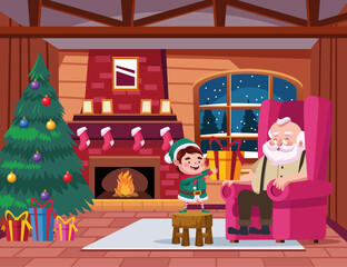 Wall Mural - cute santa claus and helper with gift in the house scene