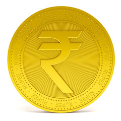 Rupee symbol sign on golden coin isolated on white background