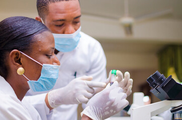 two young african health care researchers working in life science laboratory about the cure of the outbreak in the society.