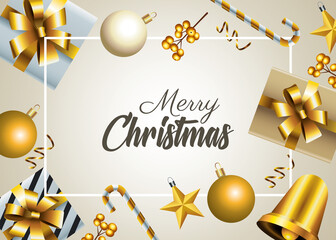 Poster - happy merry christmas lettering with set decorative icons pattern