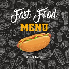 Sticker - Fast food vector sketch menu with cartoon hot dog