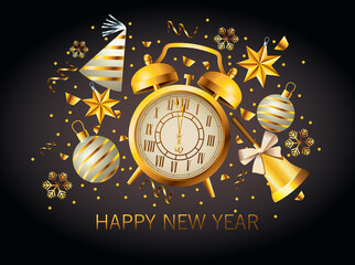 Canvas Print - happy new year lettering with golden alarm clock