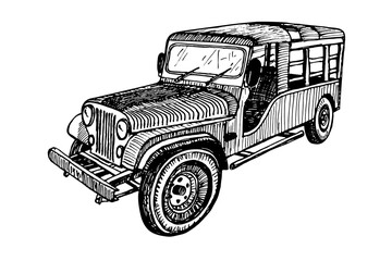 Hand drawn vector tracing old timer car, doodle sketch graphics monochrome illustration on white background