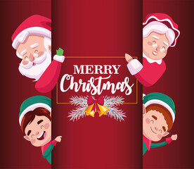 Canvas Print - happy merry christmas lettering card with santa family and elfs