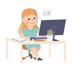 Sticker - Girl Sitting at her Desk and Studying Online Using Computer, Homeschooling, Distance Learning Concept Cartoon Style Vector Illustration