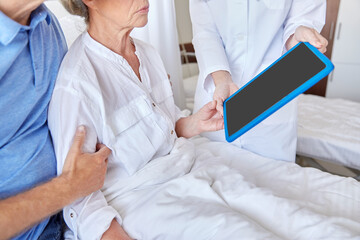 Poster - medicine, age, health care and people concept - senior woman, man and doctor with tablet pc computer at hospital ward