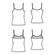 © Vectoressa - Set of Camisoles scoop neck cotton-jersey top technical fashion illustration with thin adjustable straps, slim and oversized fit, tunic length. Flat tank front back white color. Women men CAD mockup