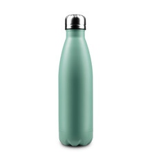 Close-up Of Reusable Steel Thermo Water Bottle Isolated On White Background. Tidewater Green Of Color, 2021 Trend.