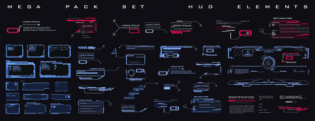Poster - mega pack set hud elements in cyber style. techno frames, callouts, information blocks, robotics ele