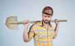 © be free - He loves his job. mature builder in shirt. unshaven man on construction site. handsome building worker in hard hat. labor day. guy wear safety helmet hold shovel. engineer on work. male lifestyle