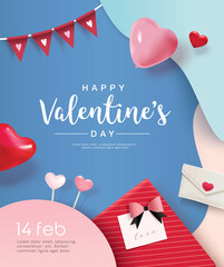 Poster - Happy Valentine's Day design with gift, flags, balloons, love letter and lollipops.