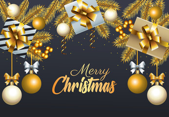 Wall Mural - happy merry christmas golden lettering with balls and gifts