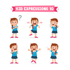 Wall Mural - cute little kid girl in various expressions and gesture set