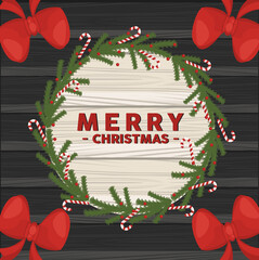 Poster - happy merry christmas lettering card with bows in circular wooden frame