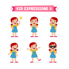 Wall Mural - cute little kid girl in various expressions and gesture set