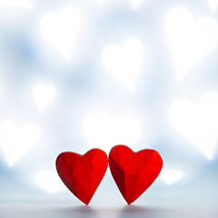 Poster - Two red small wooden hearts as symbol of love on Valentine's Day