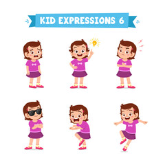 Wall Mural - cute little kid girl in various expressions and gesture set