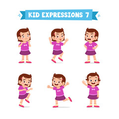 cute little kid girl in various expressions and gesture set