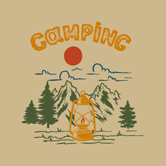 Wall Mural - camping. vintage illustration of mountain landscape with camping lantern. design element for poster,
